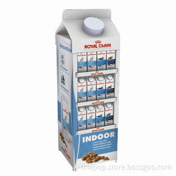 Cardboard display stand, double-side to present different size of milk bottle, eye-catching design